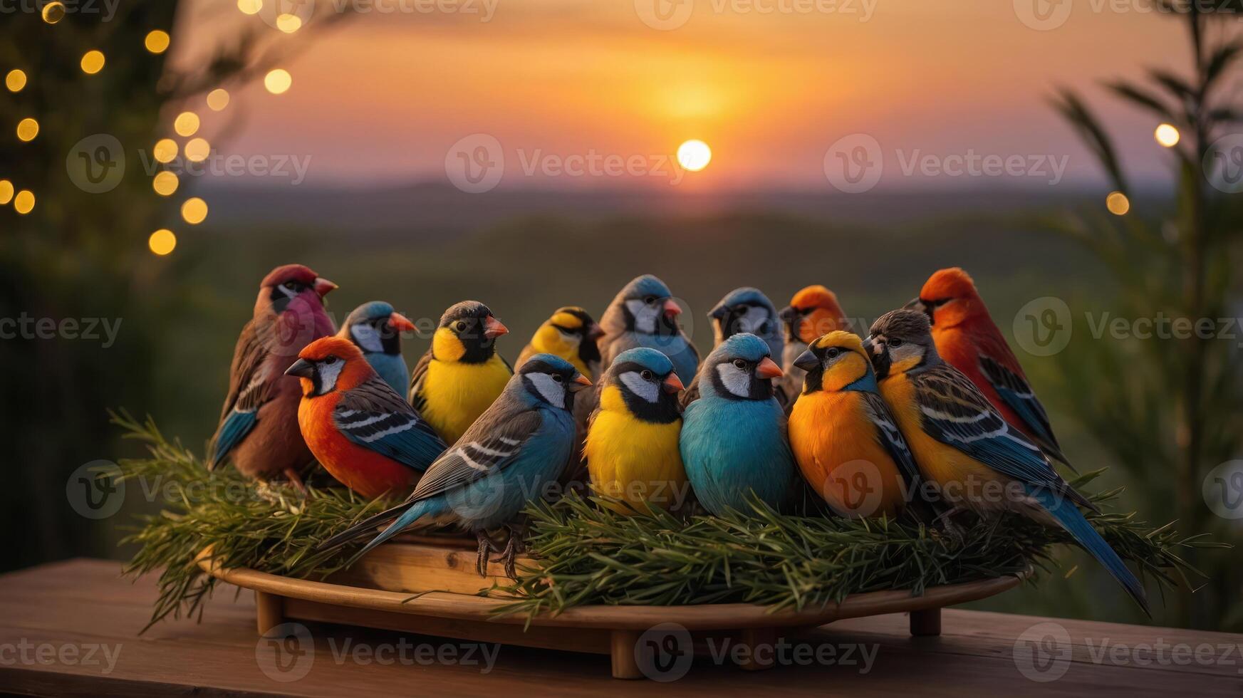 A vibrant gathering of colorful birds at sunset, showcasing nature's beauty and diversity. photo