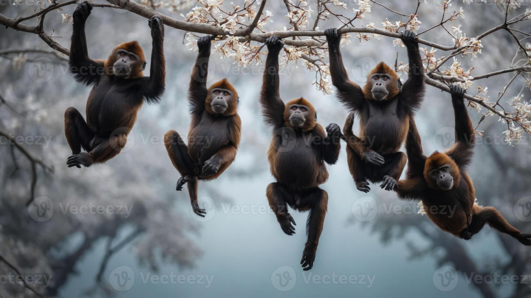 A group of five monkeys hanging from a branch adorned with blossoms. photo