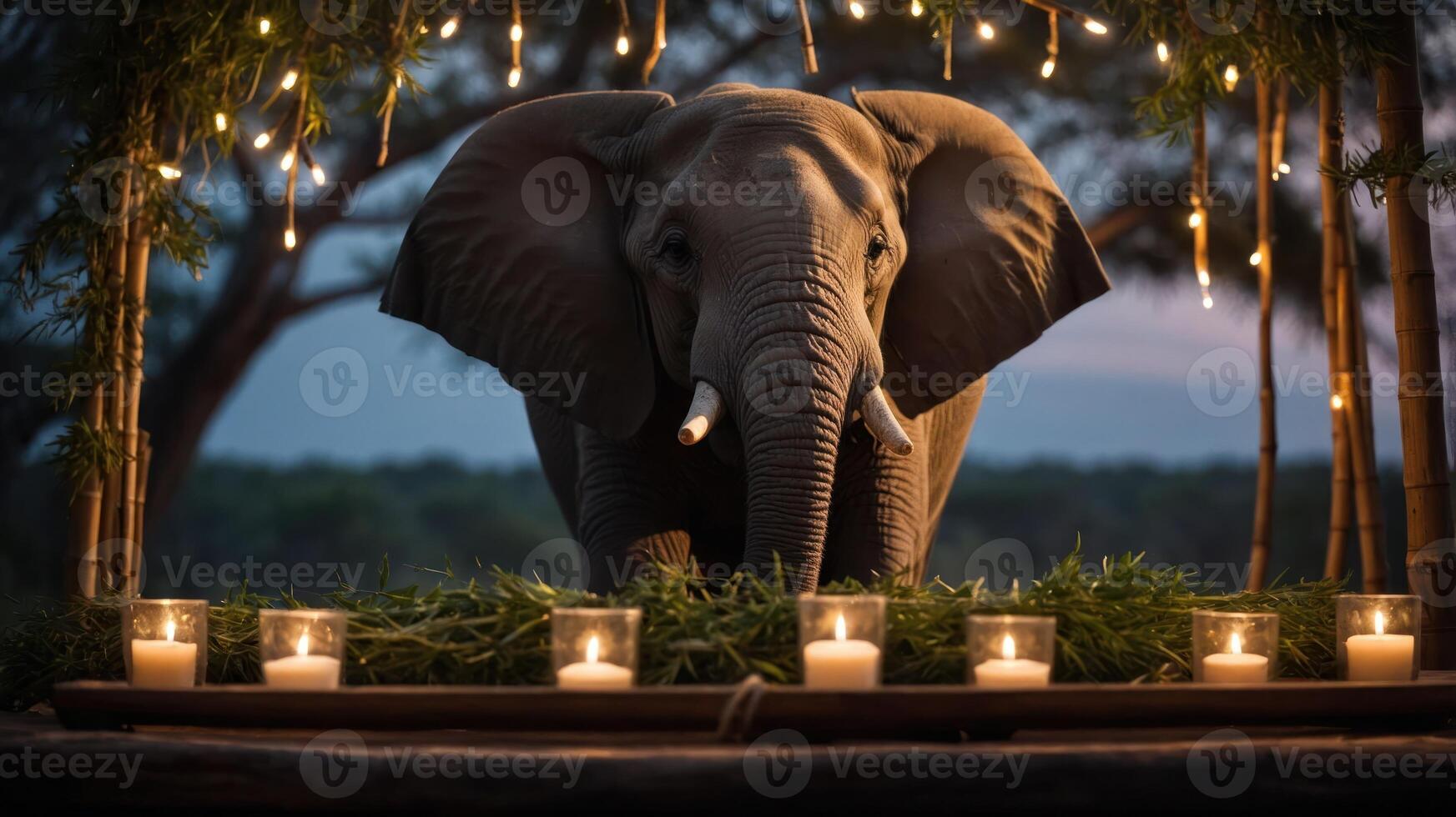 An elephant stands amidst candles and decorations in a serene outdoor setting. photo