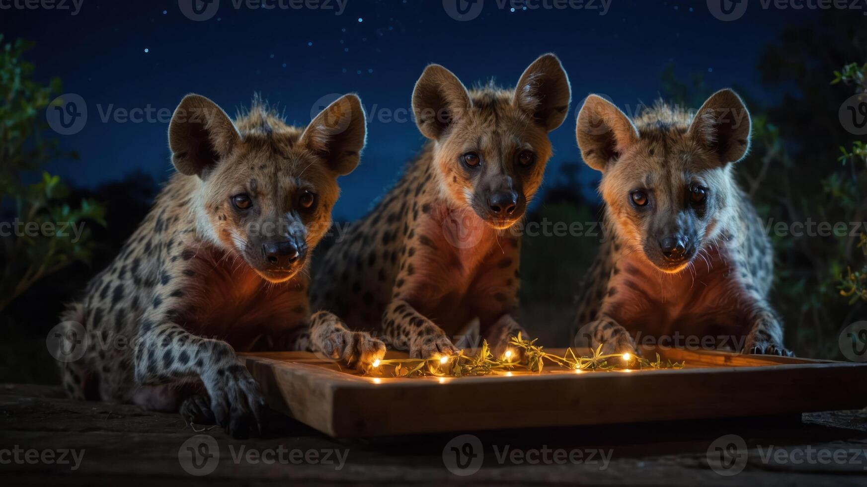 Three hyenas curiously observing glowing lights at night in a natural setting. photo