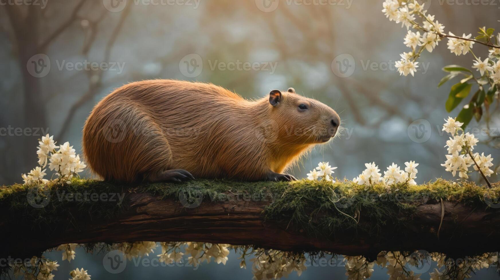 A capybara resting on a mossy log surrounded by blooming flowers in a serene environment. photo