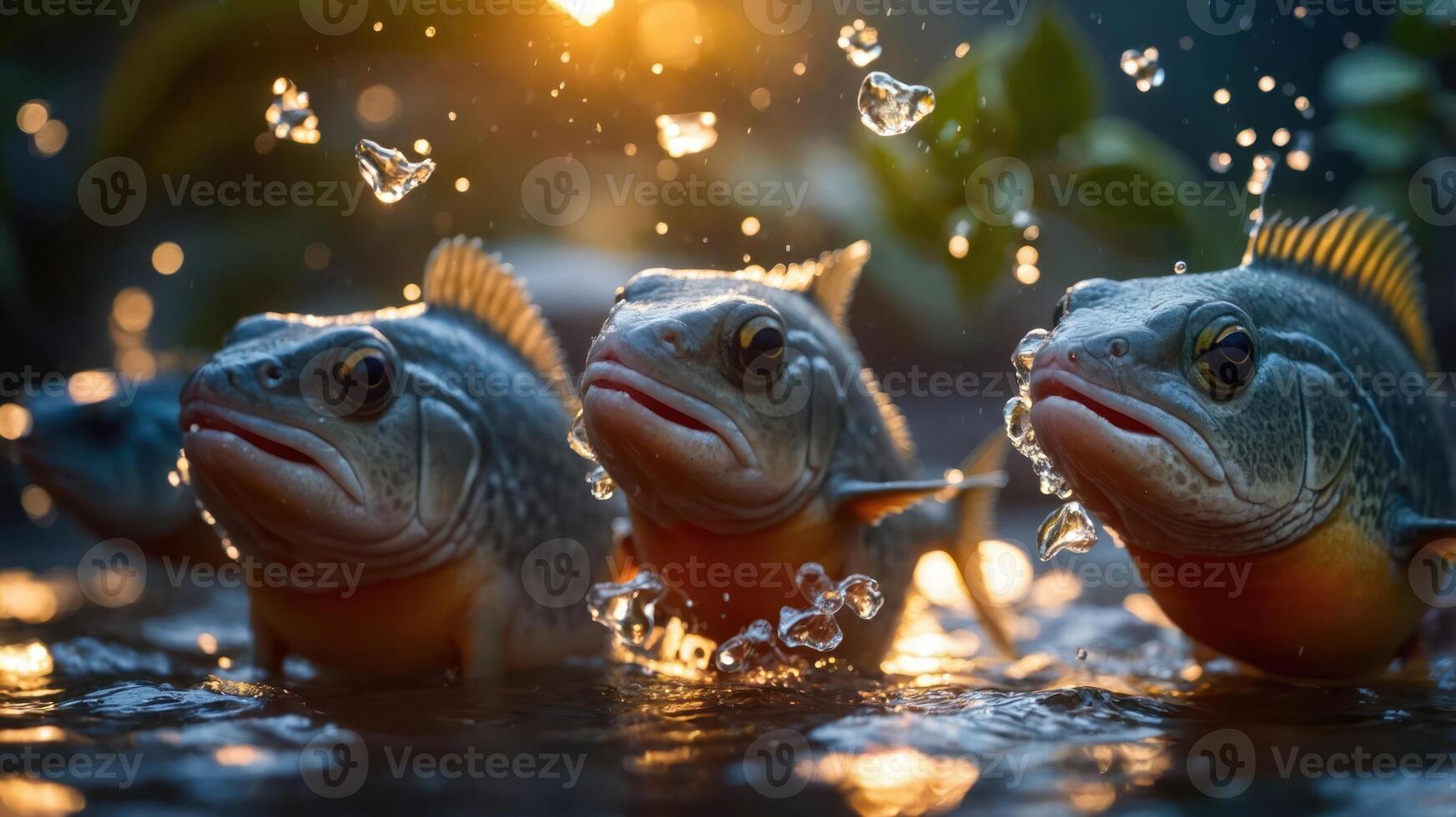 Three fish splashing in water with sunlight creating a magical atmosphere. photo