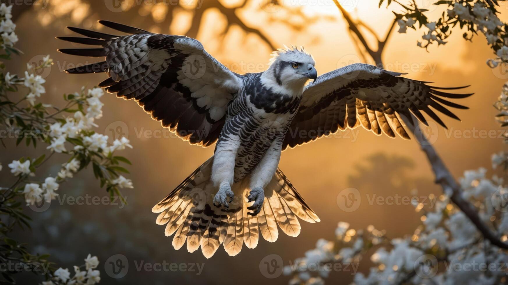 A majestic eagle soars gracefully through a serene landscape filled with blooming flowers. photo