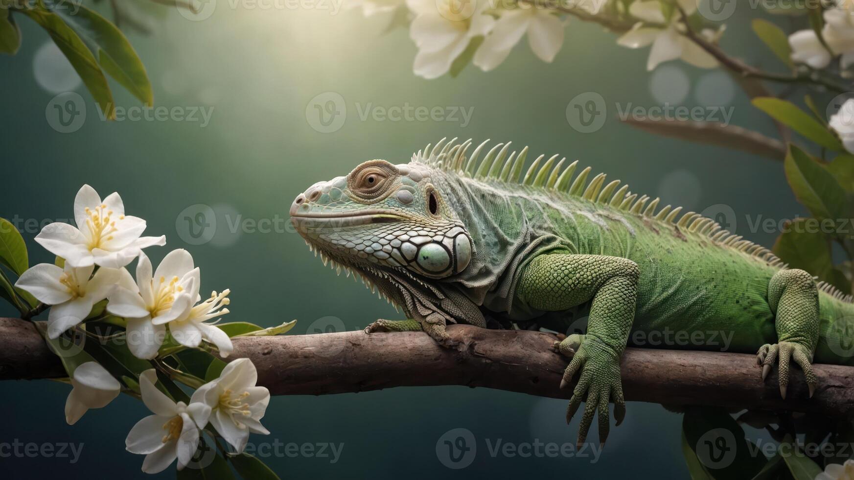 A vibrant iguana resting on a branch adorned with white flowers in a serene environment. photo