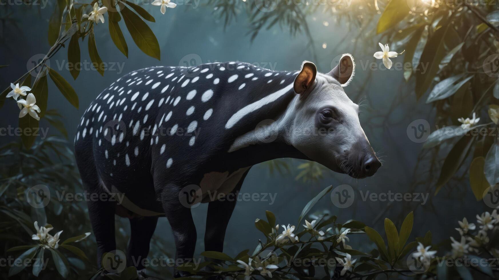 A tapir stands amidst lush foliage and flowers in a mystical forest setting. photo