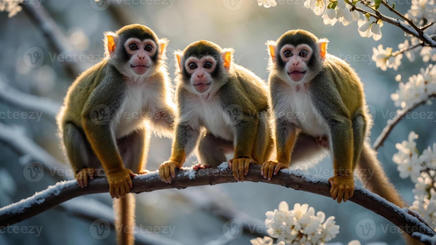 Three monkeys perched on a branch amidst flowers in a serene, natural setting. photo