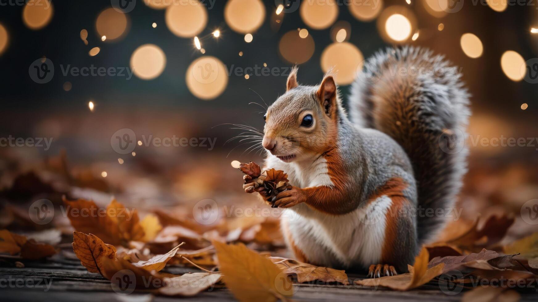 A cute squirrel holding an acorn amidst autumn leaves and glowing lights. photo