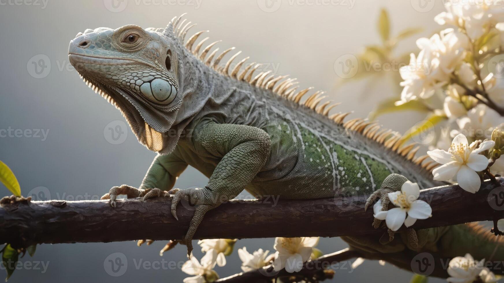A green iguana perched on a branch surrounded by white flowers in a soft-lit environment. photo