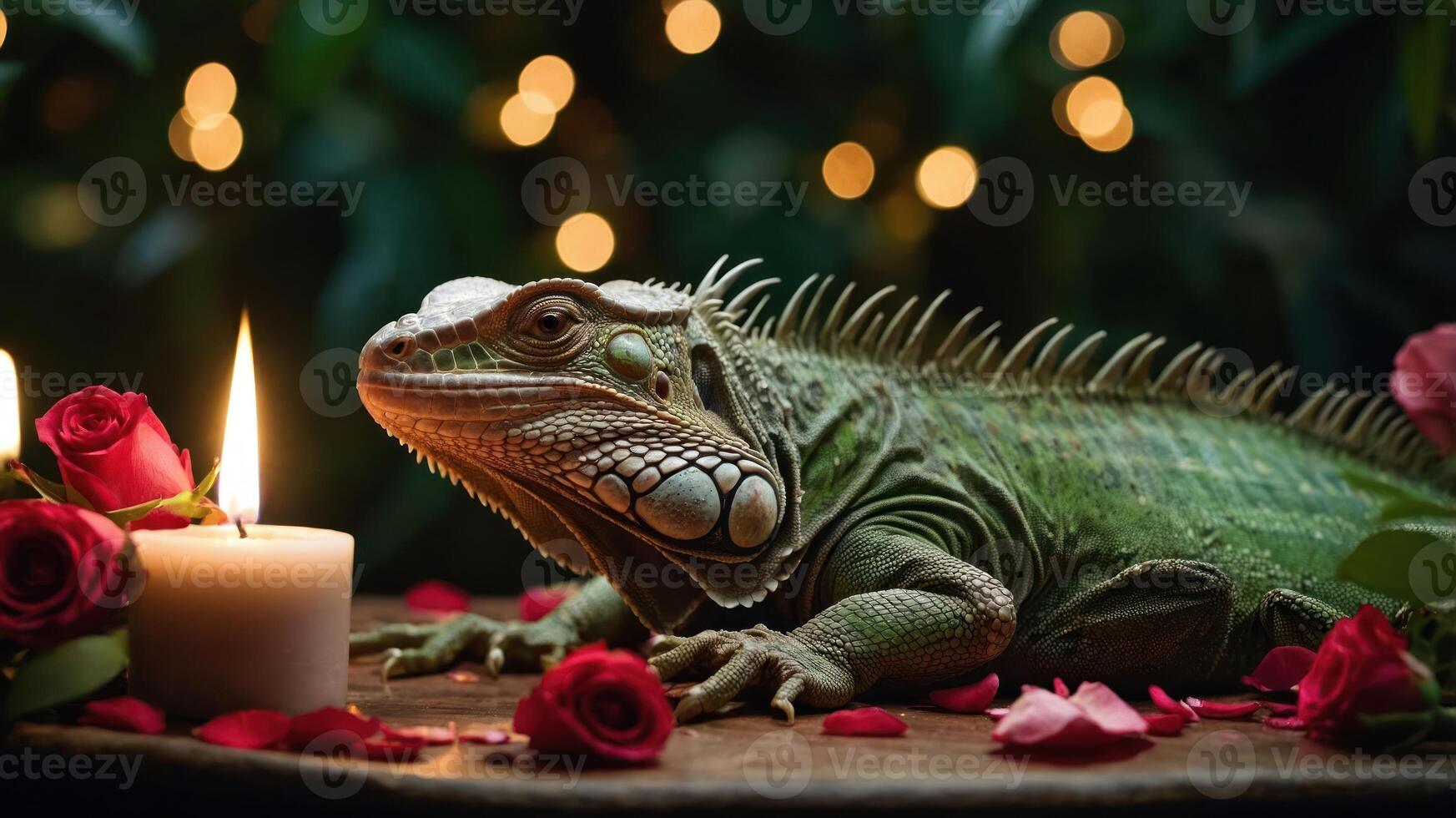 An iguana surrounded by roses and candles, creating a serene and romantic atmosphere. photo