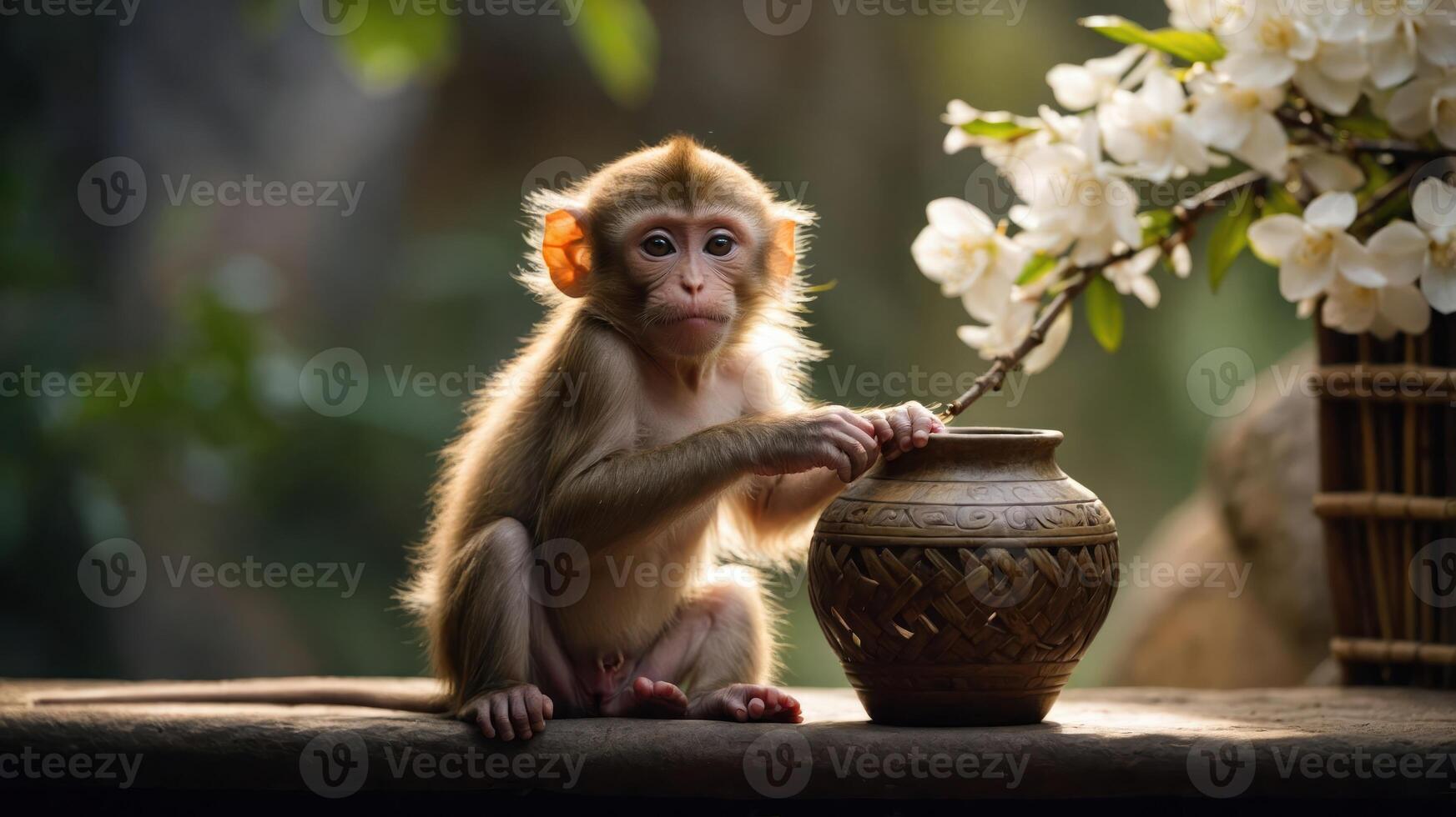 A young monkey curiously interacts with a decorative pot beside blooming flowers. photo
