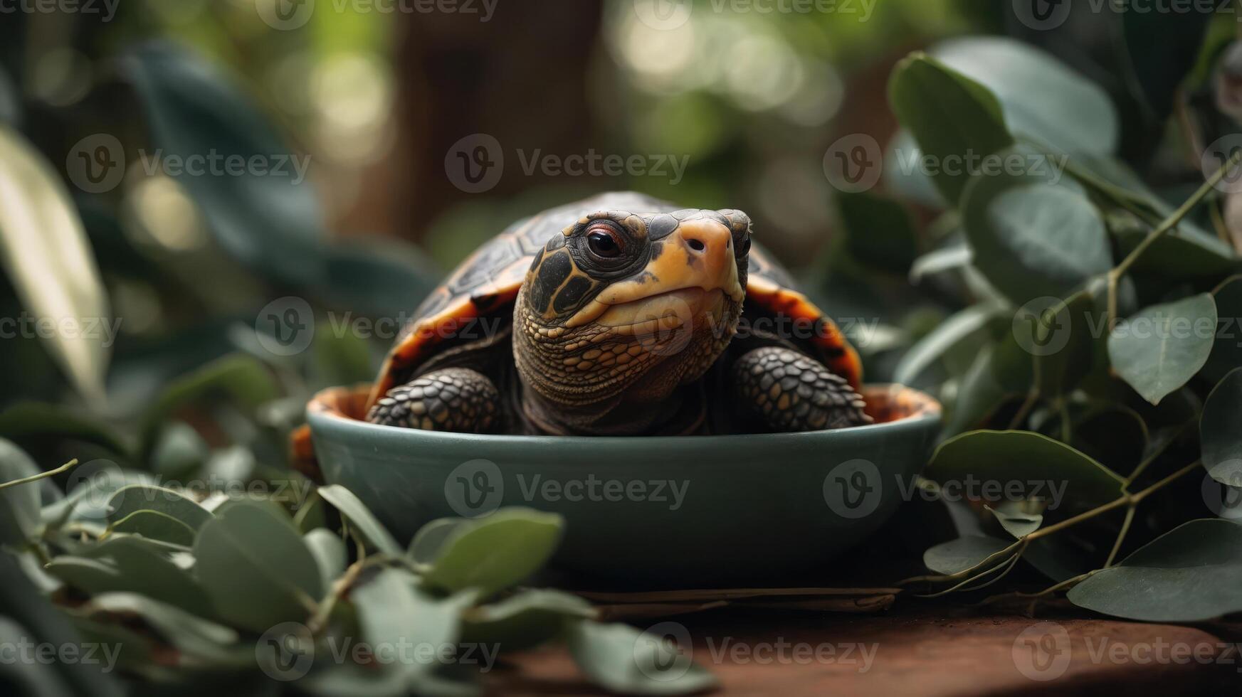 A turtle resting in a green bowl surrounded by leaves, showcasing a serene natural setting. photo