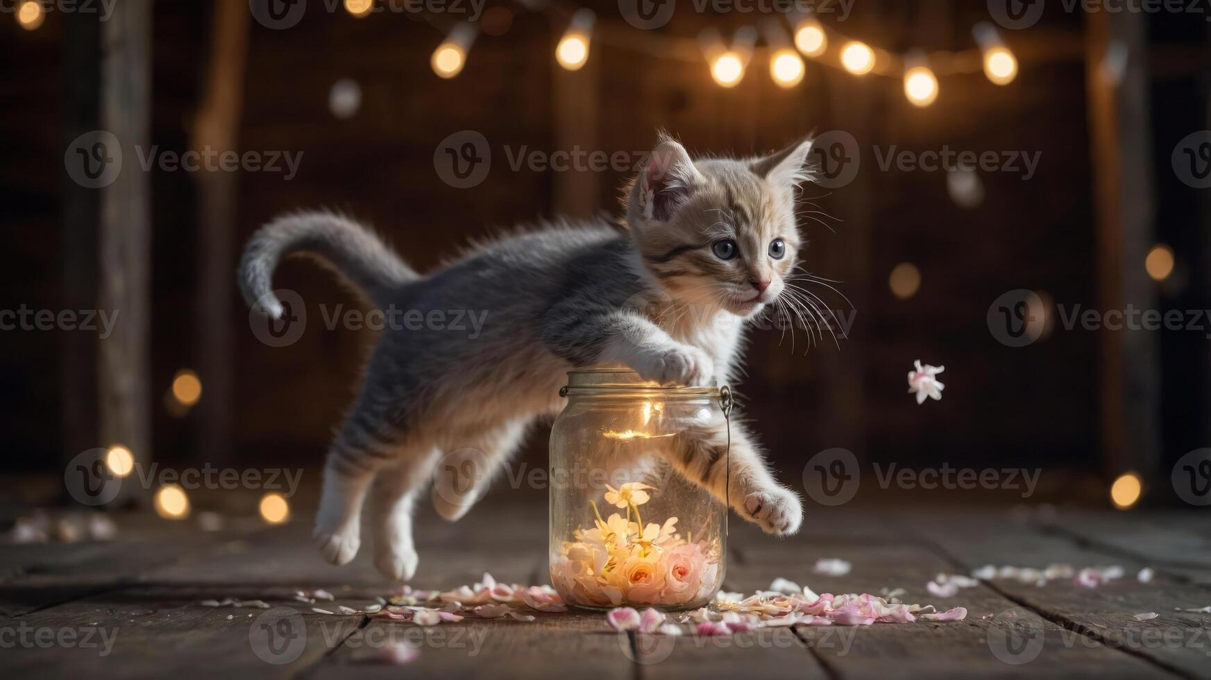 A playful kitten leaps from a jar filled with flowers, illuminated by soft lights. photo