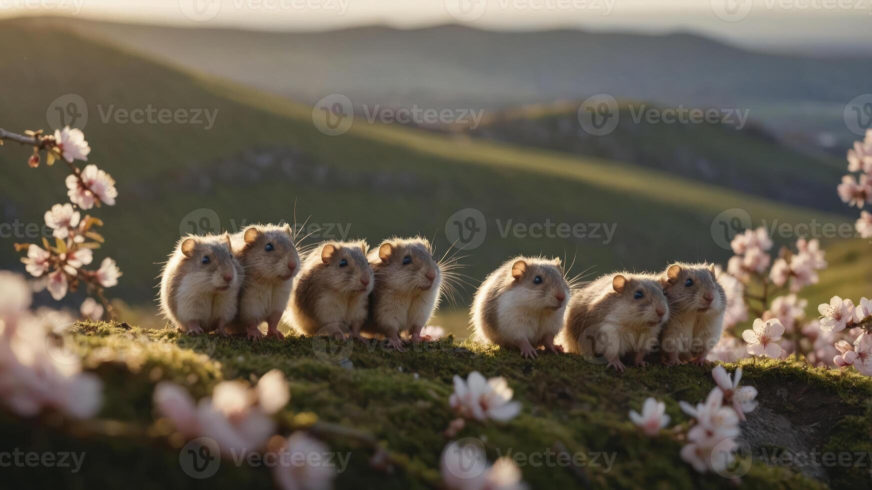 A group of adorable hamsters gathered on a grassy hill adorned with cherry blossoms. photo