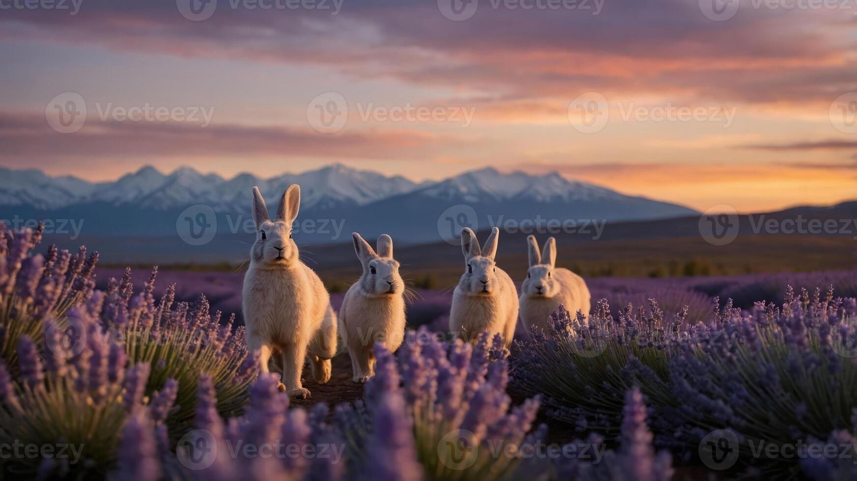 Four rabbits in a lavender field with mountains at sunset. photo