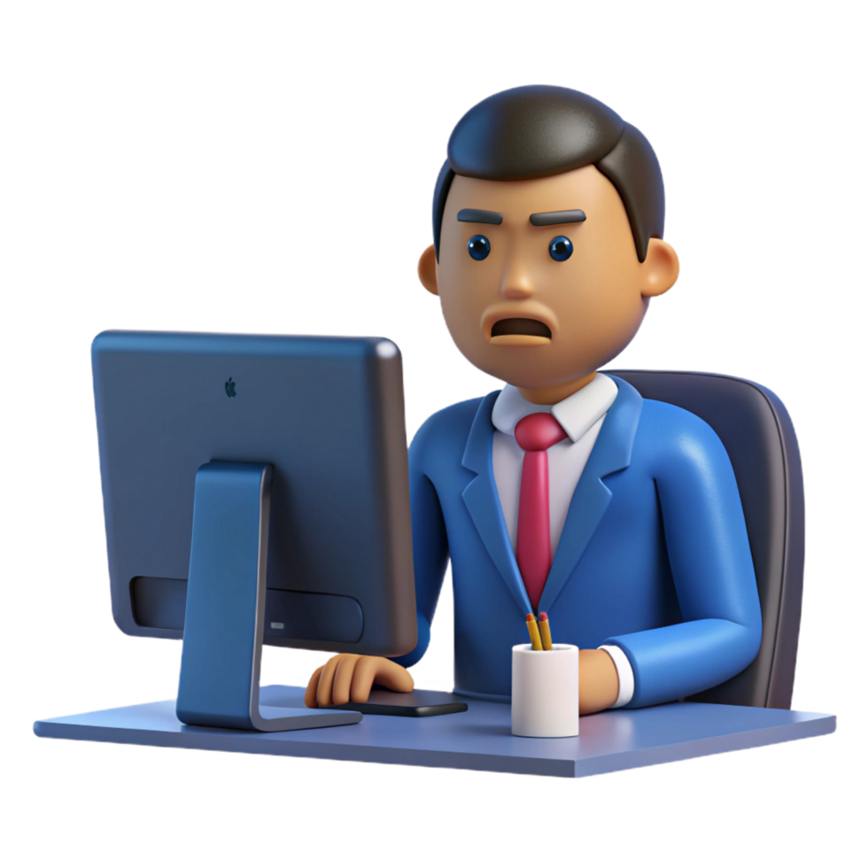 wonderful modern Frustrated office worker, staring at computer screen screen not visible , high quality png