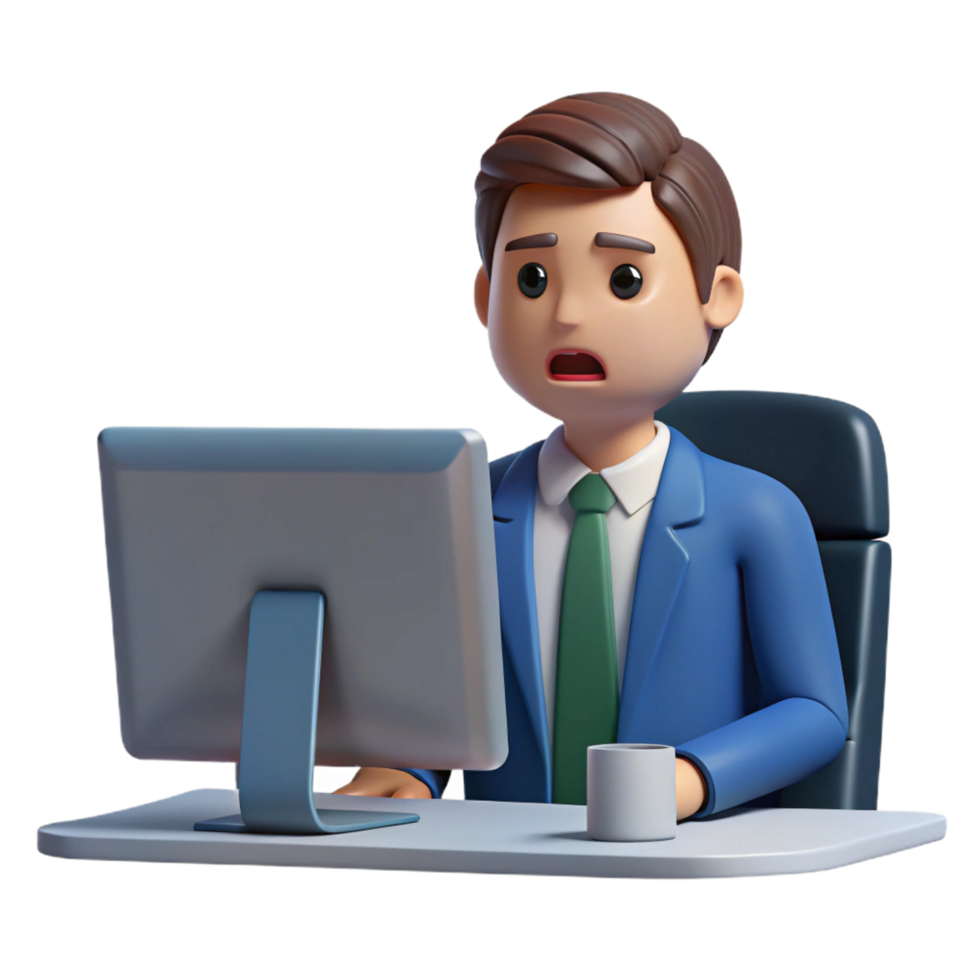 serene minimalist Frustrated office worker, staring at computer screen screen not visible , detailed png