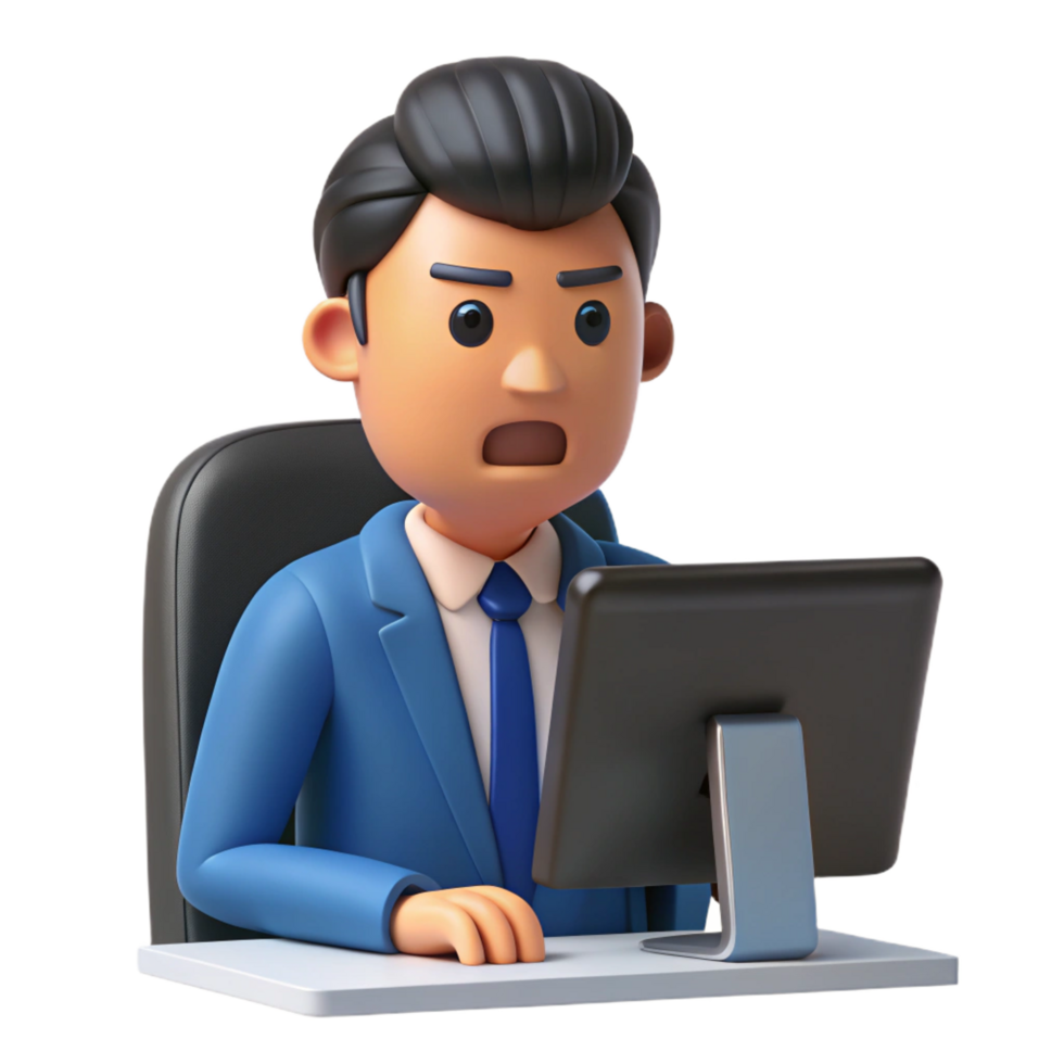 wonderful classic Frustrated office worker, staring at computer screen screen not visible , professional png