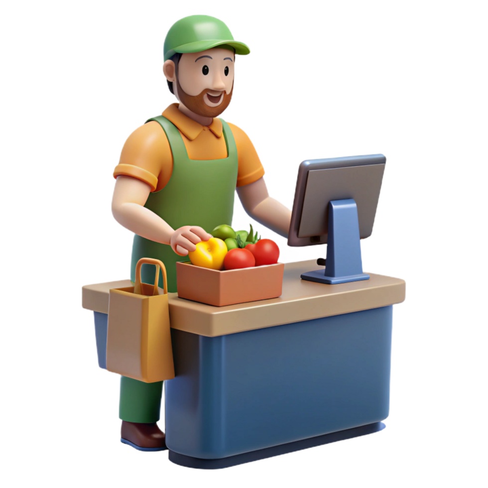serene rustic Friendly cashier, scanning groceries groceries not visible , high resolution png