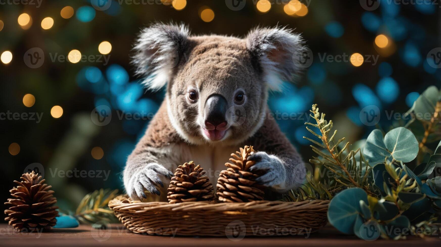 A cute koala sits with pine cones surrounded by greenery and soft bokeh lights. photo