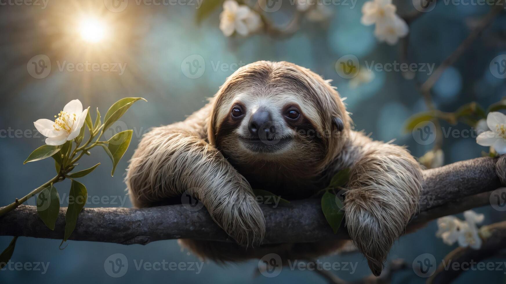A sloth resting on a branch surrounded by flowers and soft sunlight. photo