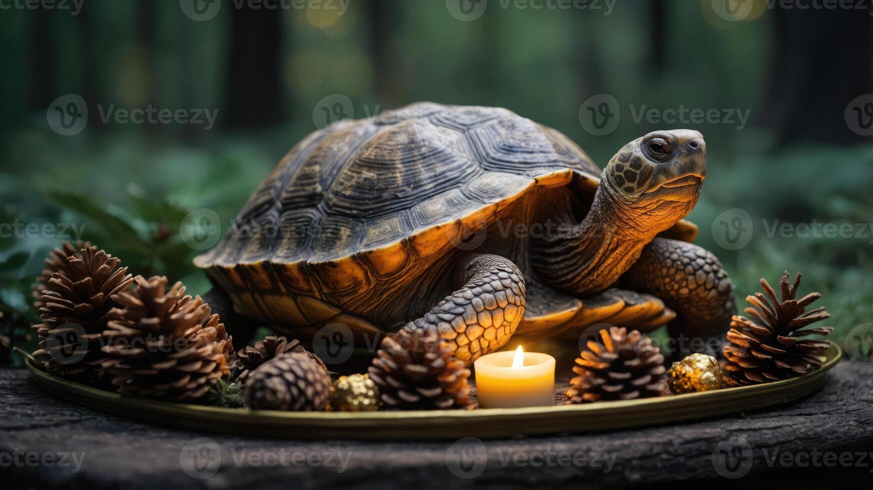 A turtle surrounded by pinecones and a candle in a serene forest setting. photo