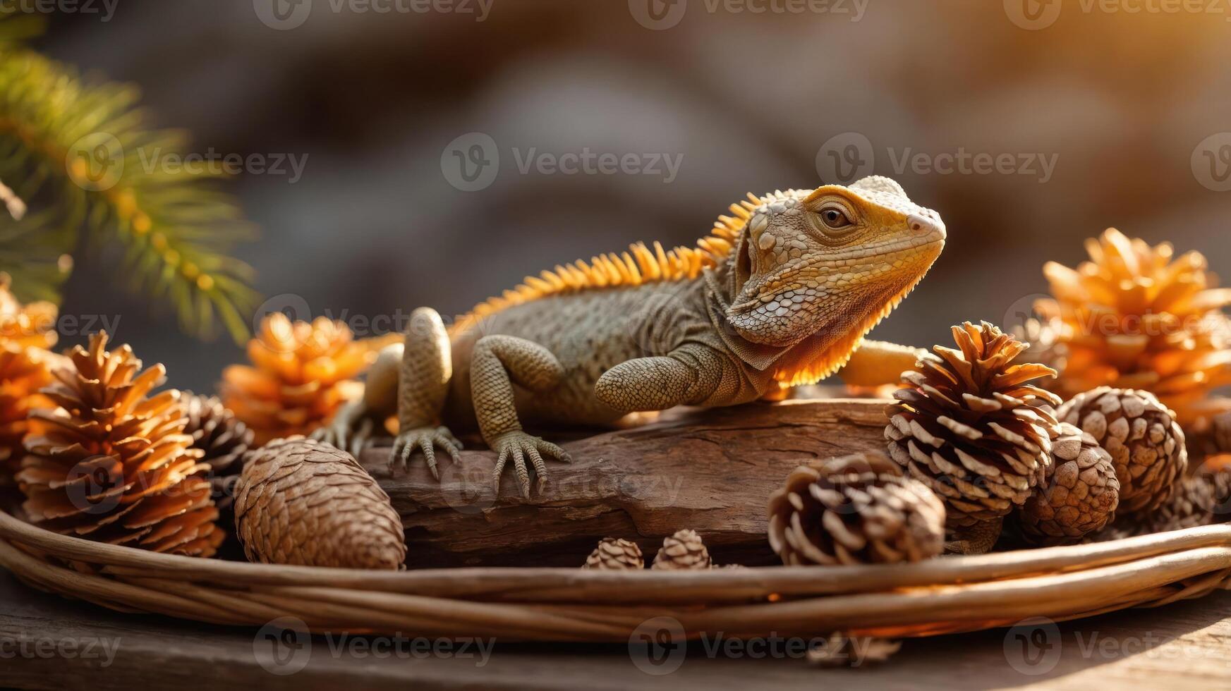 A bearded dragon resting on a log surrounded by pinecones, capturing a serene natural scene. photo