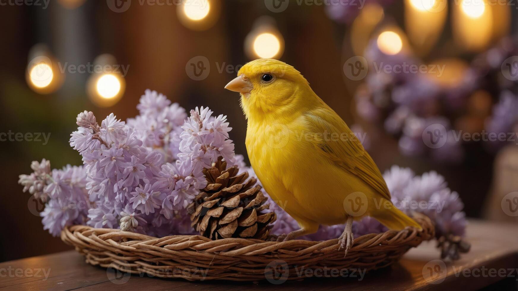 A vibrant yellow bird perched on flowers and a pinecone in a cozy setting. photo