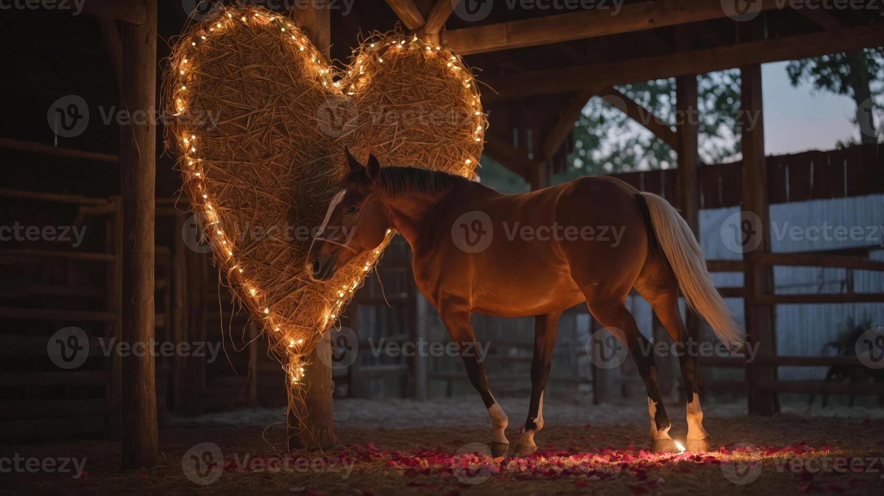 A horse stands beside a heart-shaped straw decoration adorned with lights in a barn. photo
