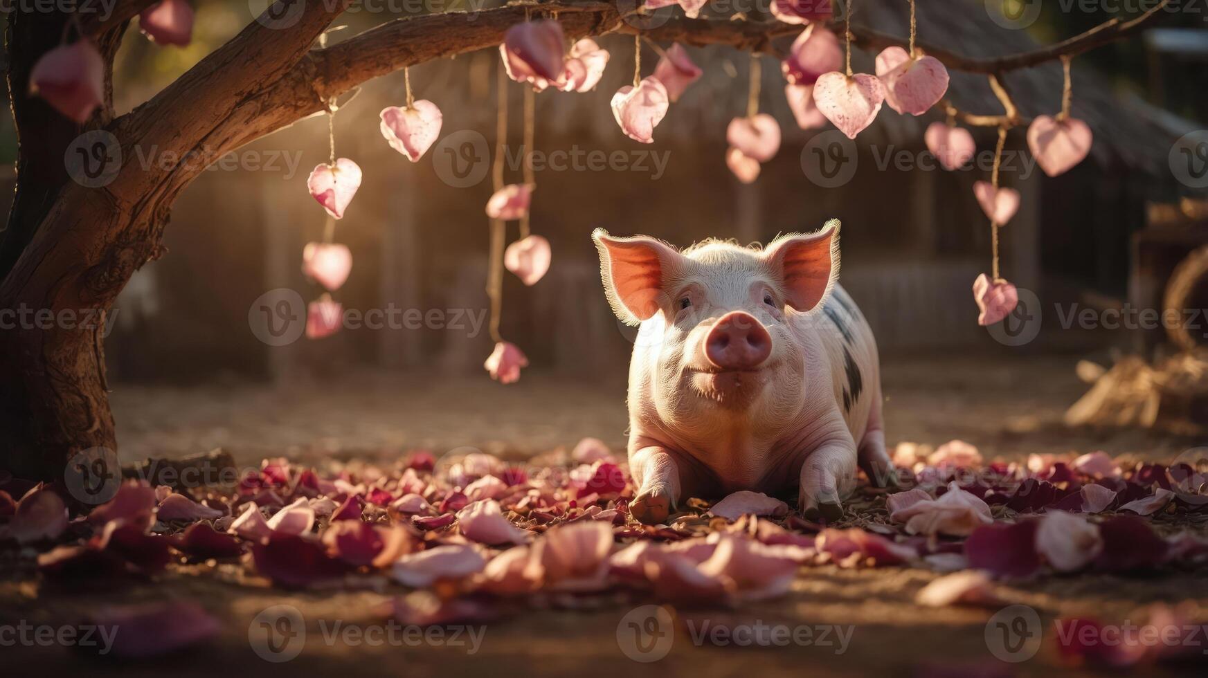 A pig rests beneath a tree adorned with heart-shaped decorations and rose petals. photo