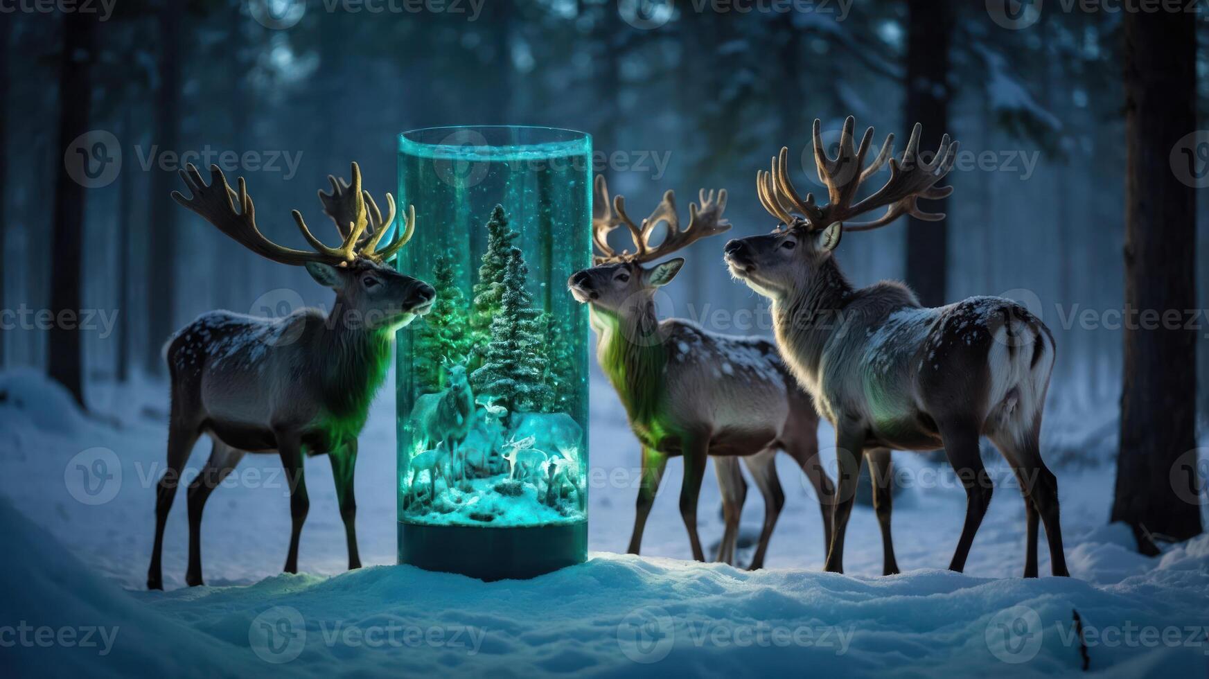 Three reindeer gather around a glowing, snow-filled display with a miniature tree inside. photo