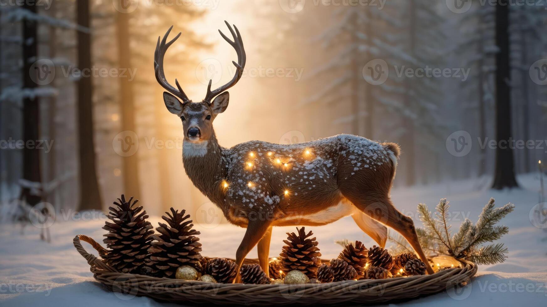 A decorated deer amidst snowy trees, illuminated by lights and surrounded by pinecones. photo