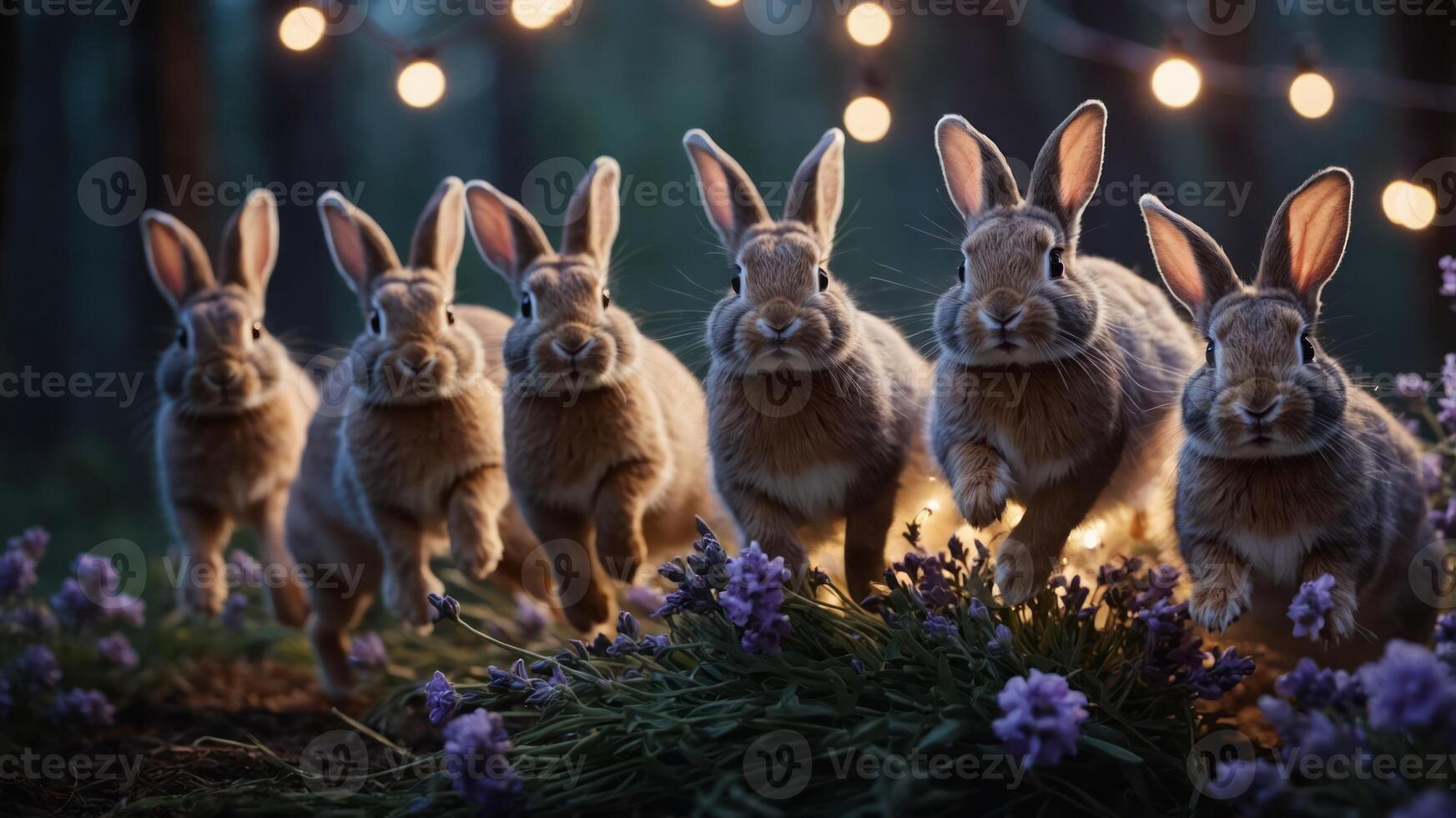 A whimsical scene of rabbits running through a forest with flowers and fairy lights. photo