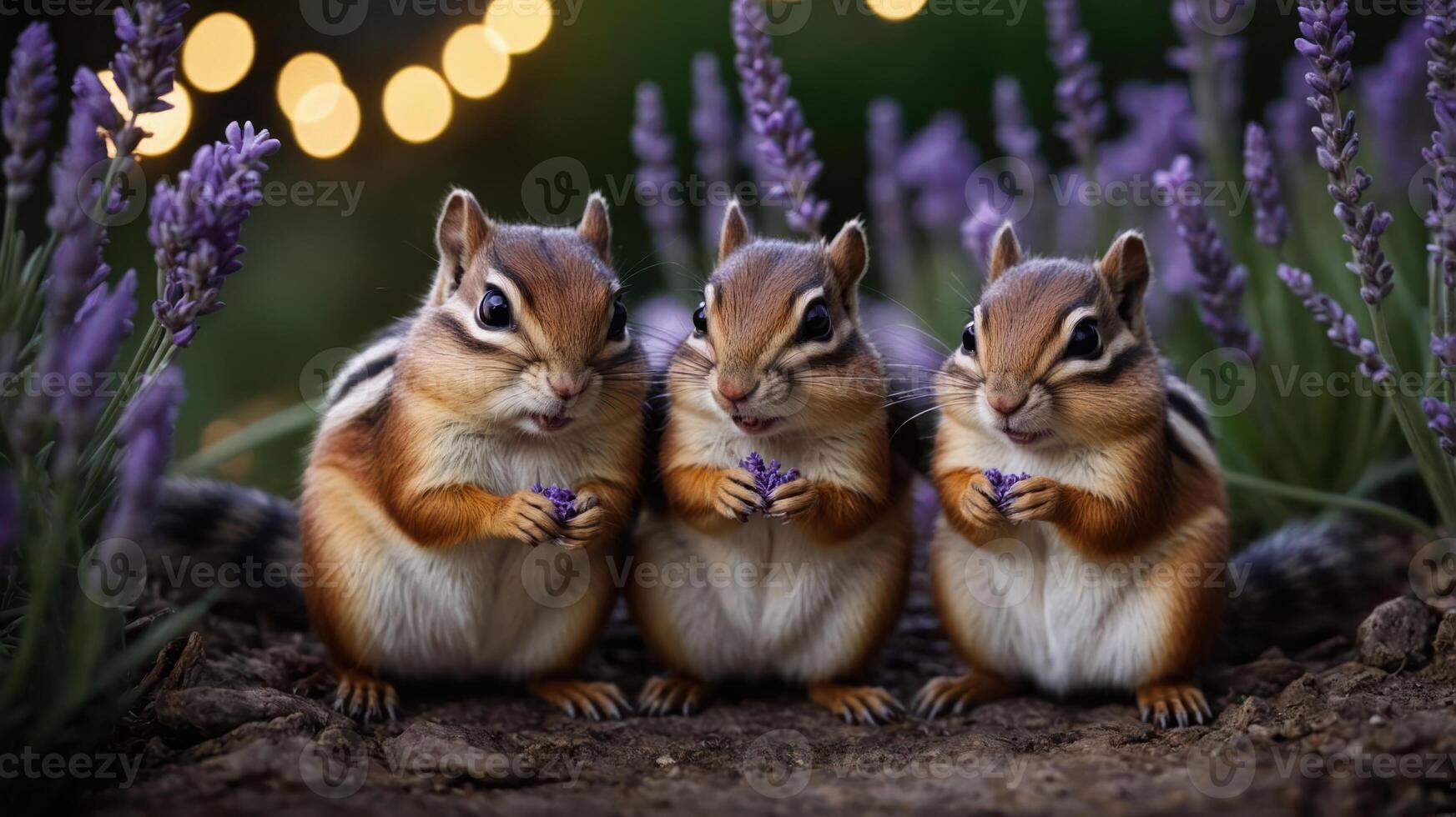 Three chipmunks sitting in lavender, holding flowers, with soft lights in the background. photo