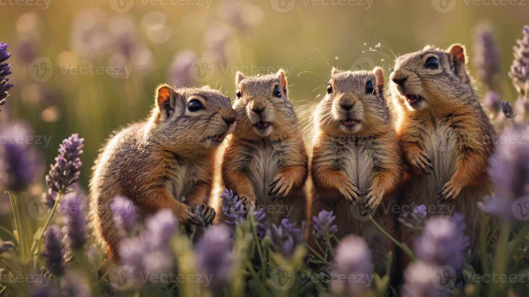 Four squirrels gathered among lavender flowers, appearing to communicate joyfully. photo