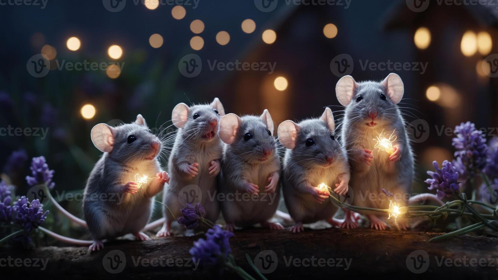 Five adorable mice holding glowing lights amidst flowers, creating a whimsical scene. photo