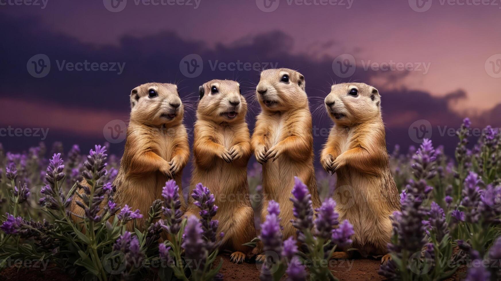 Four prairie dogs standing in a field of lavender at sunset. photo