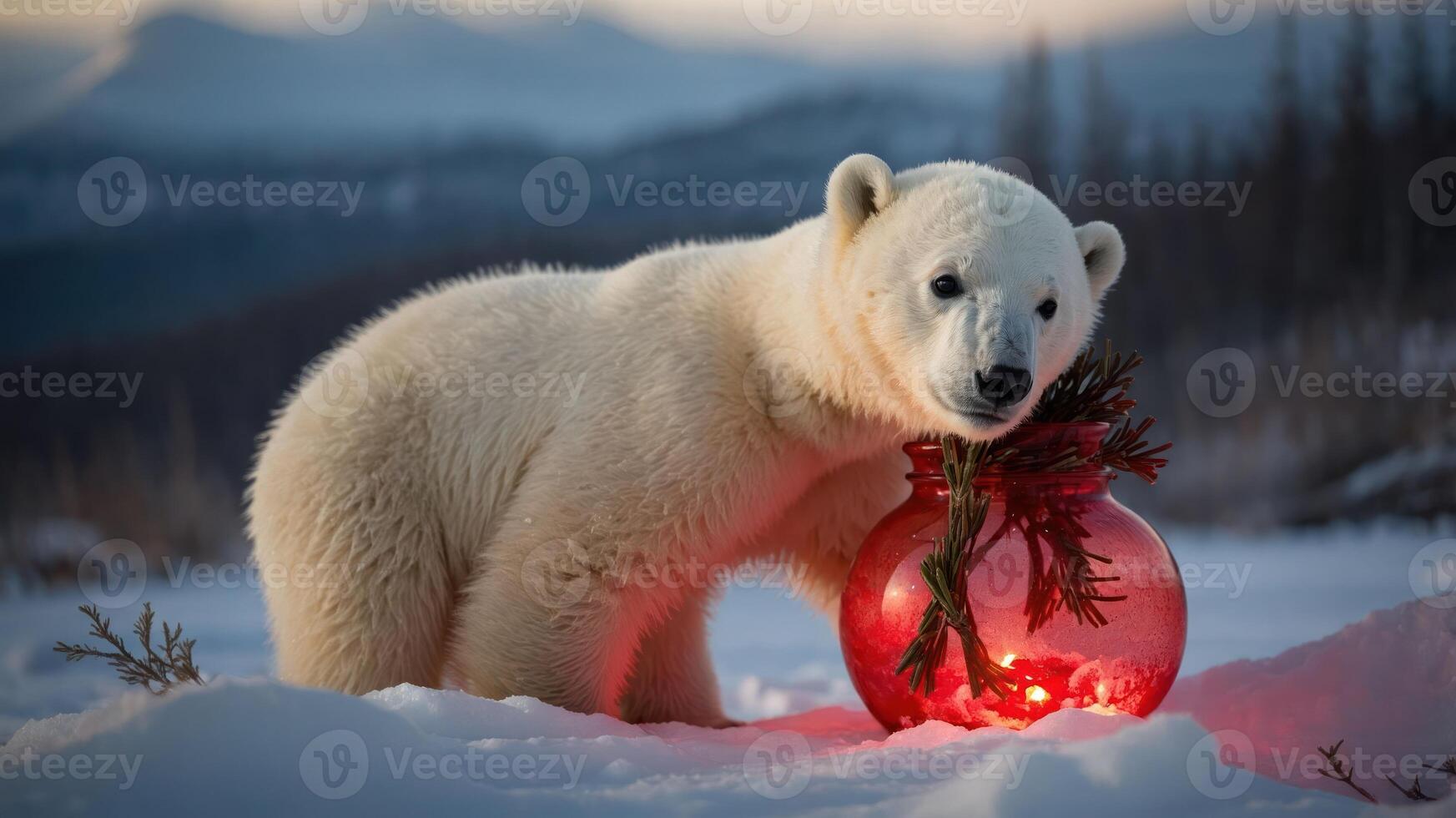 A polar bear interacts with a festive red ornament in a snowy landscape. photo