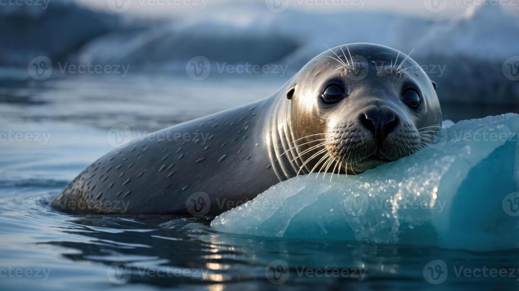 A seal resting on a piece of ice in a serene water setting. photo