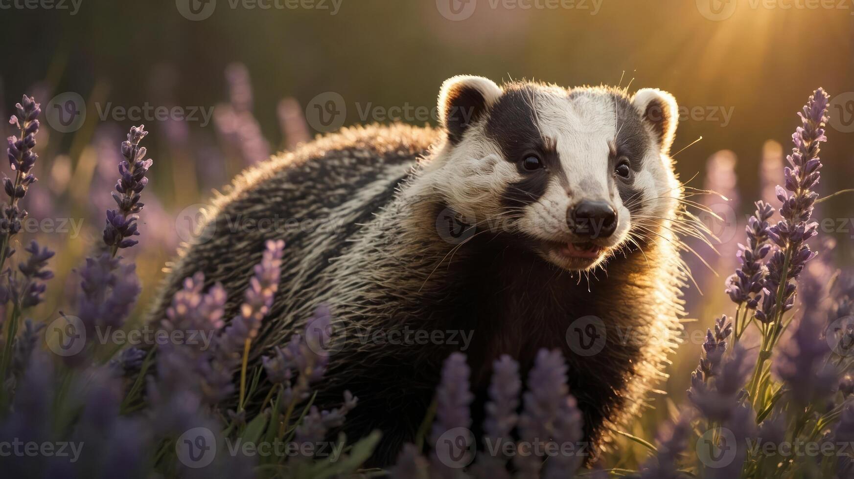 A badger among blooming lavender flowers, illuminated by warm sunlight. photo