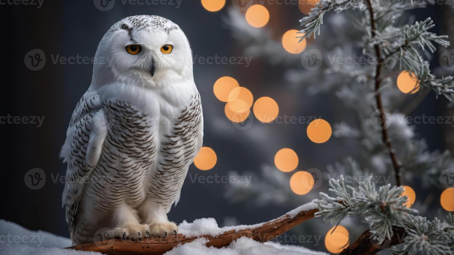 A snowy owl perched on a branch with soft, glowing lights in the background. photo