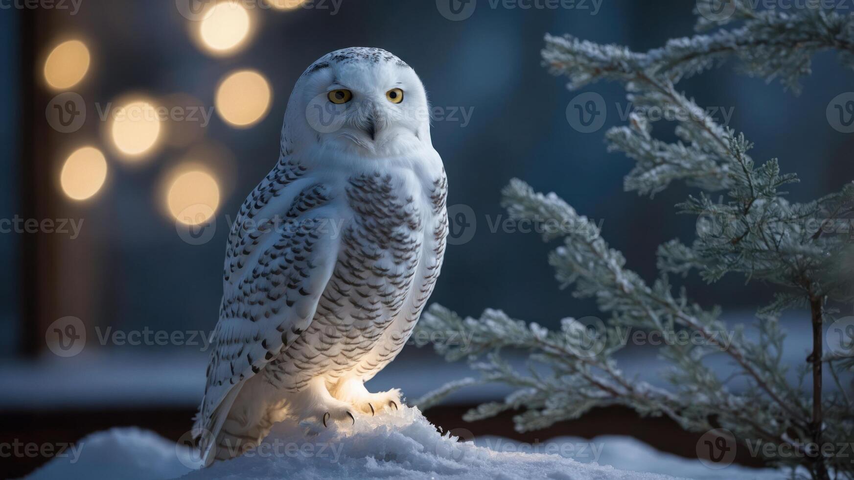 A snowy owl perched on snow, illuminated softly with a blurred background of lights. photo