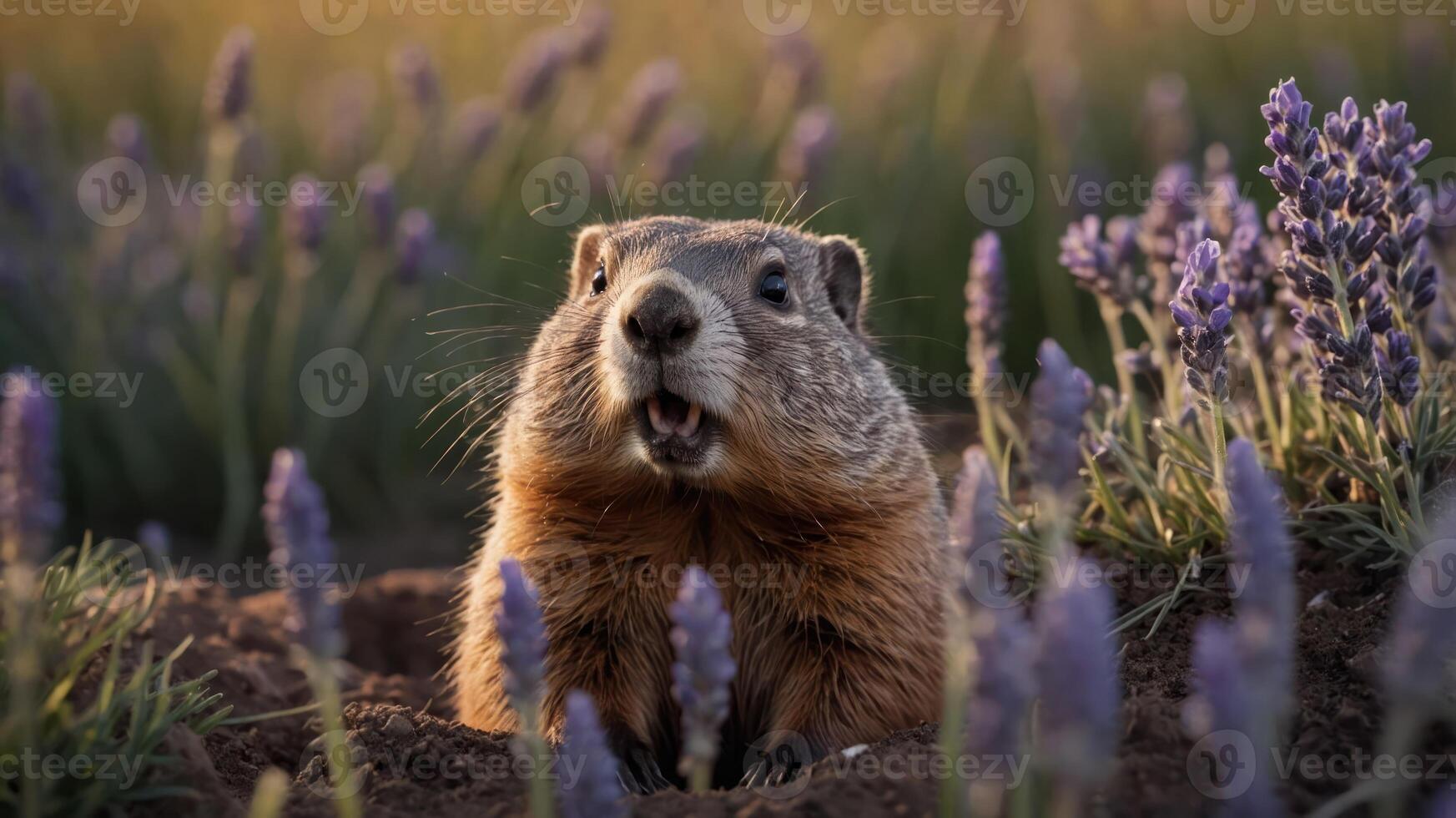 A close-up of a marmot amidst blooming lavender flowers in a serene landscape. photo