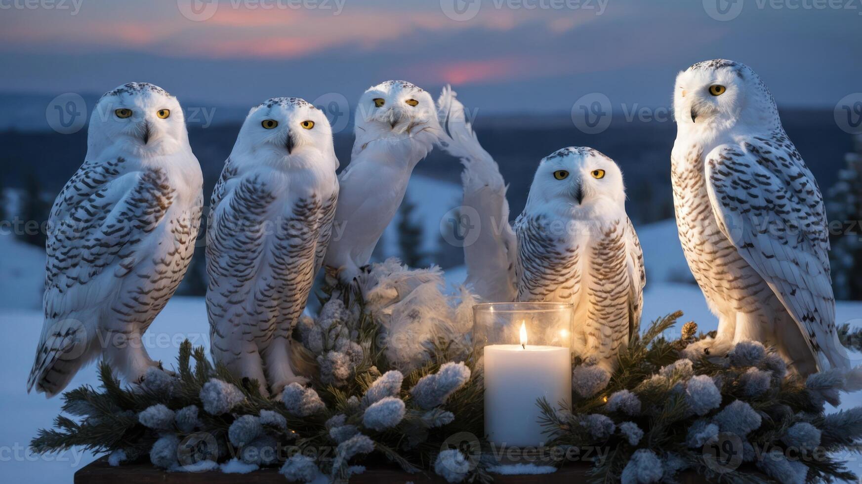 A serene winter scene featuring five snowy owls around a candle with a snowy landscape backdrop. photo