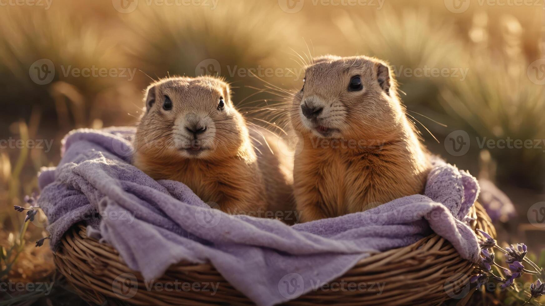 Two prairie dogs sitting together in a cozy basket with a soft cloth, surrounded by nature. photo