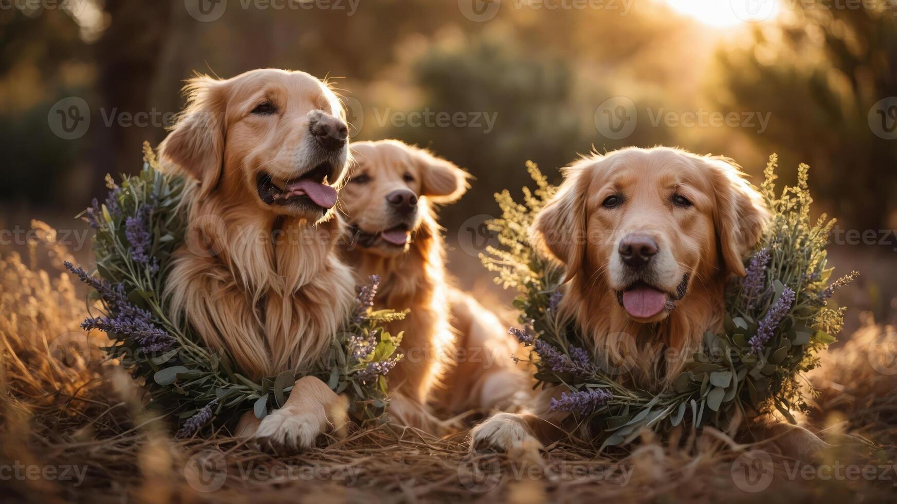 Three golden retrievers adorned with floral wreaths in a sunlit outdoor setting. photo