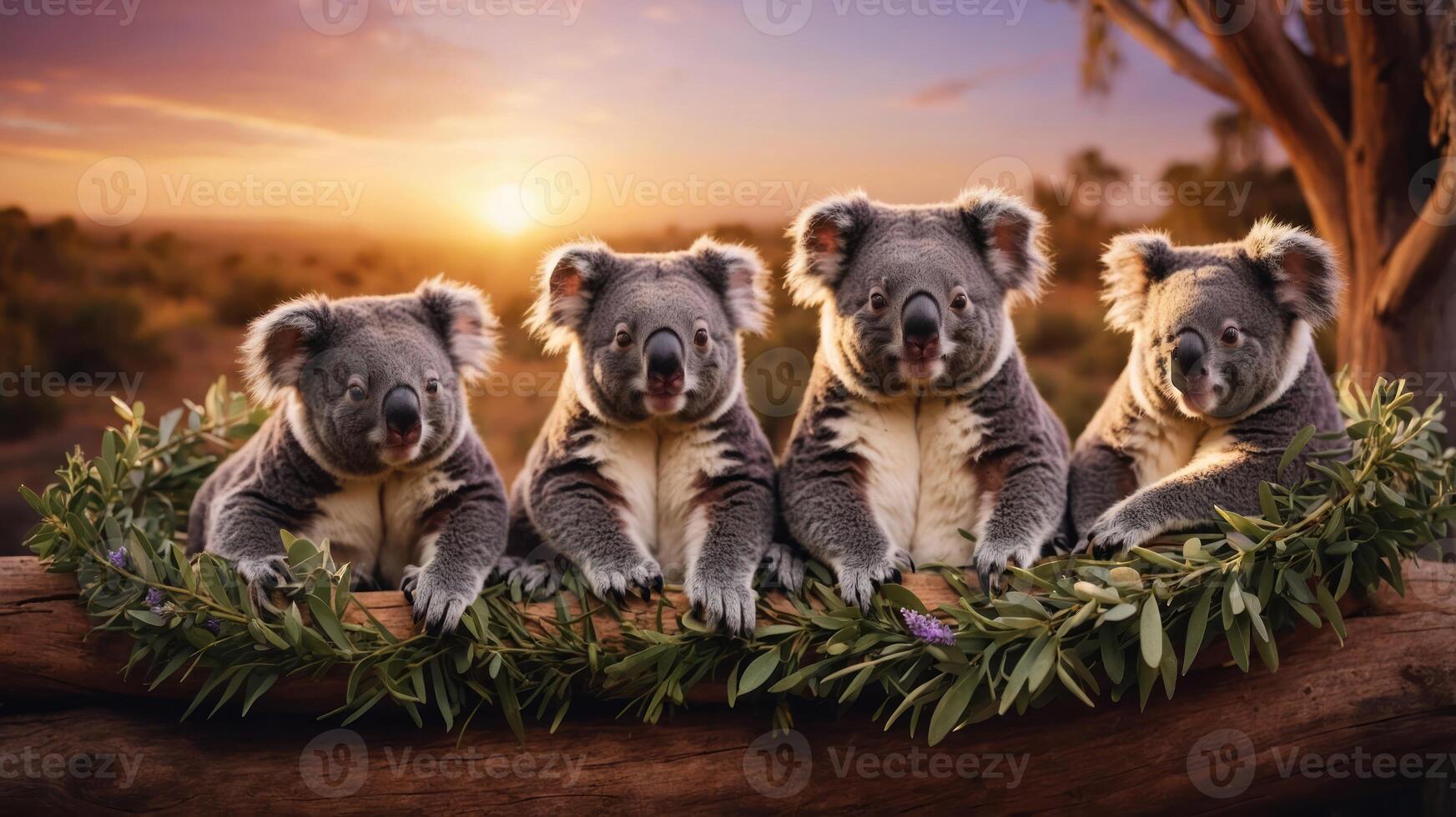 Four koalas sitting together on a log surrounded by greenery at sunset. photo