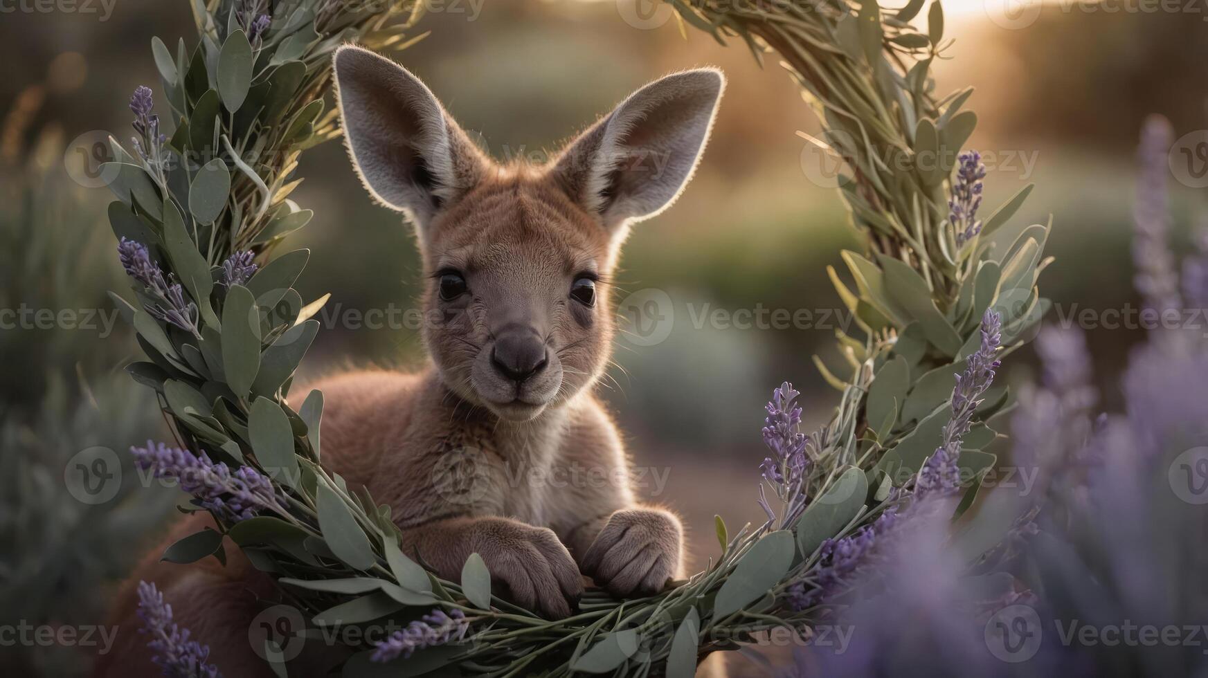 A young kangaroo peeks through a floral wreath in a serene outdoor setting. photo