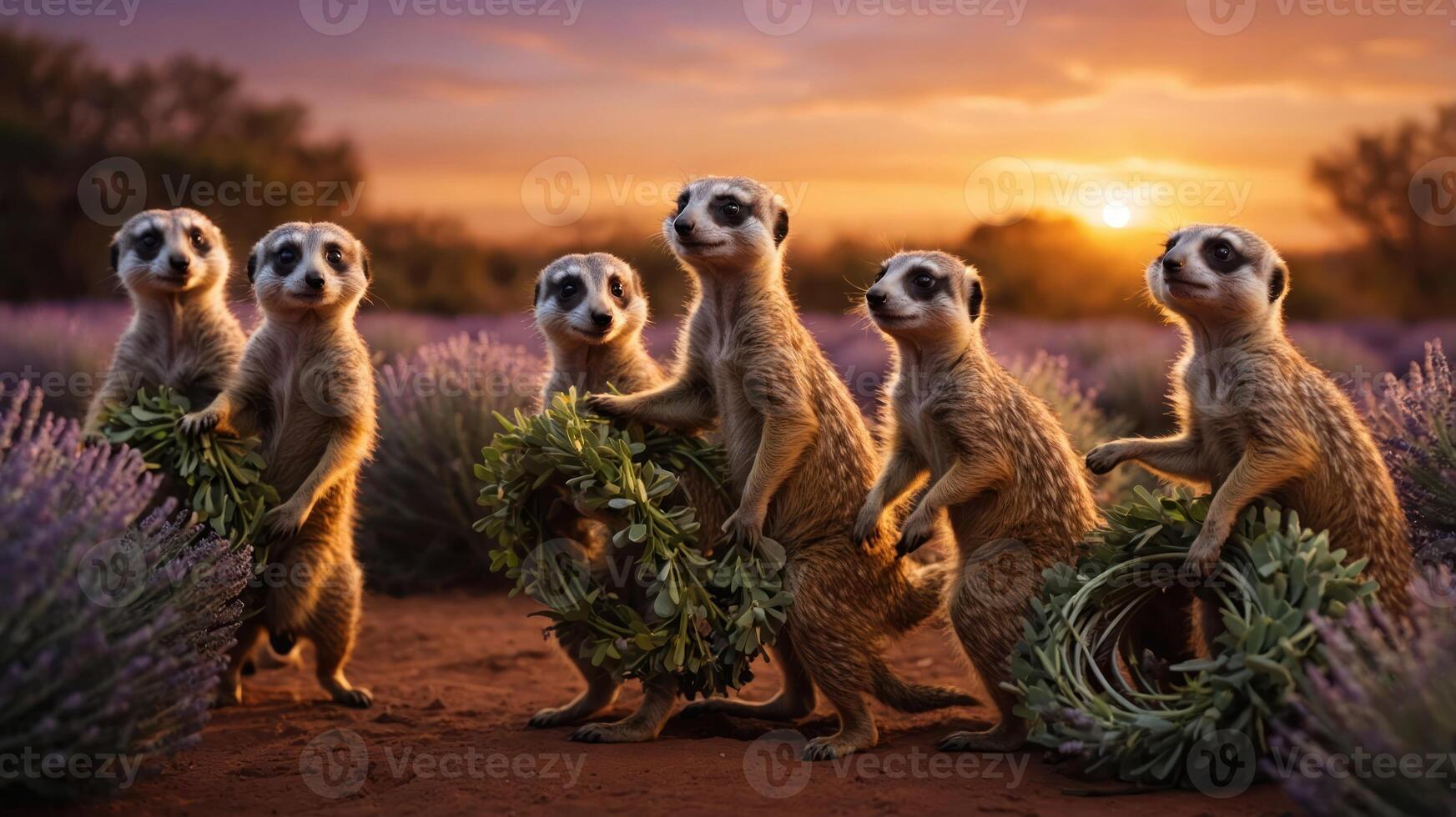 A group of meerkats holding wreaths at sunset in a lavender field. photo