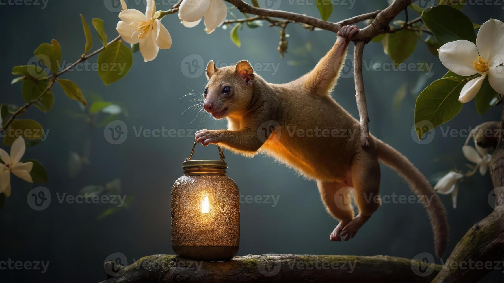 A marsupial hanging from a branch near a glowing lantern, surrounded by flowers. photo