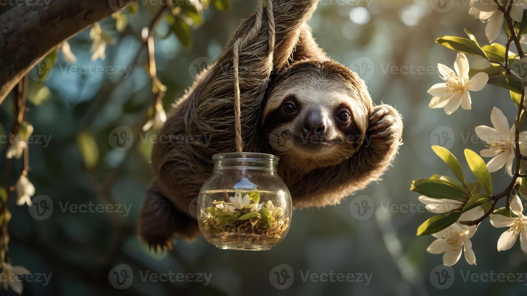 A sloth hanging from a branch, curiously peering into a jar filled with greenery. photo